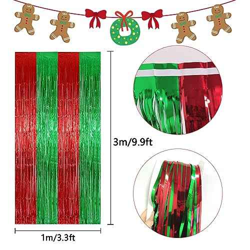 2 Pack 3.2ft x 9.8ft Christmas Metallic Foil Fringe Curtain, Red Green Tinsel Curtains Streamer Large Party Photo Booth Props Backdrops for Happy New Year Birthday Wall Door Indoor Outdoor Decorations