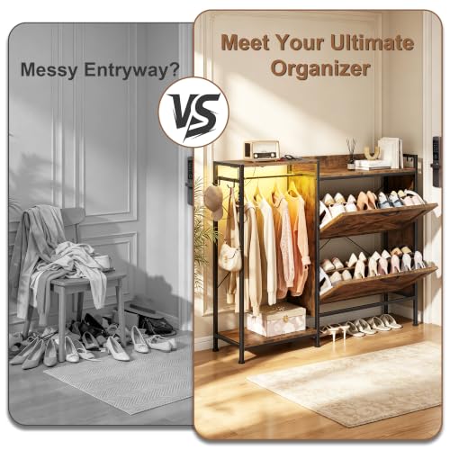 HIGDBFE 41.3W Shoe Cabinet with Flip Drawers, Coat Rack & LED Lighting
