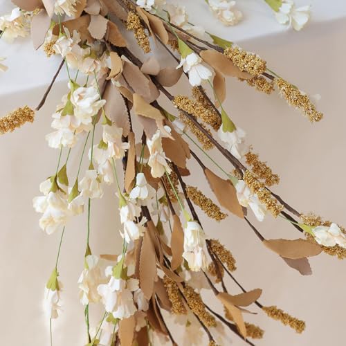 Artificial Fall Garland 6 Feet Beige Floral & Leaf Decor for Mantle, Wedding & Room