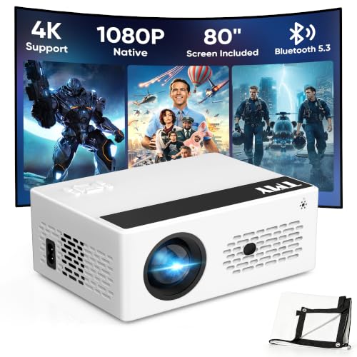 TMY Black Native 1080P Mini Portable Projector with 80-Inch Foldable Screen & Bluetooth