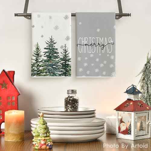 Artoid Mode Hello Snowflakes Winter Kitchen Towels Dish Towels, 18x26 Inch Christmas Pine Trees Decoration Hand Towels Set of 2