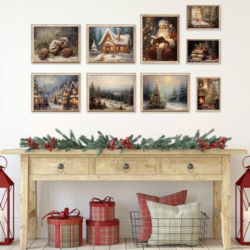 Vintage Christmas Wall Art Prints Set - Snow Scene & Santa Holiday Posters