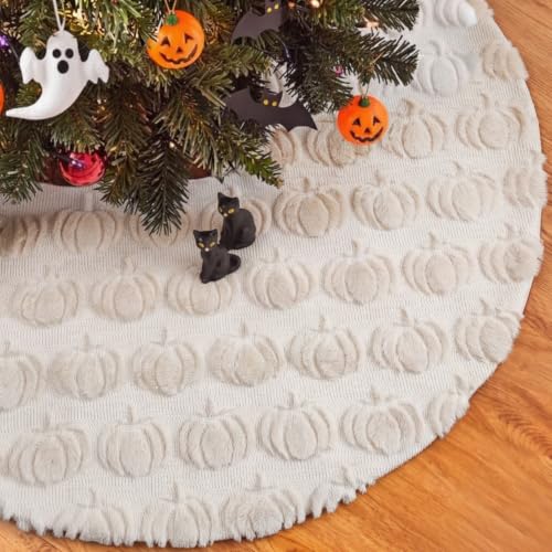 Thenshop Fall Tree Skirt 48 Inch Beige Plush with 3D Pumpkins - Seasonal Decor