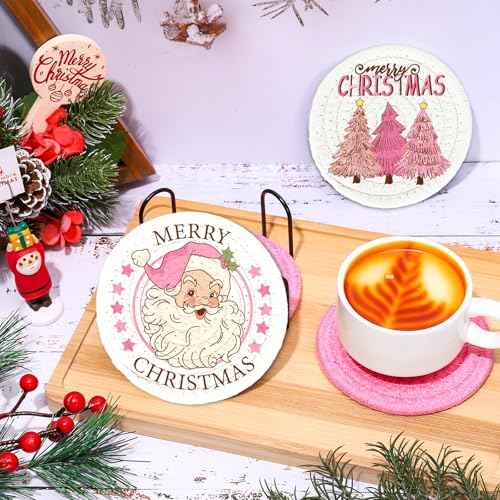 Winter Handmade Braided Cotton Coasters Merry Christmas Pink Santa Xmas Tree Absorbent Drink Coasters for Table Protection Gifts Home Party Decor, Set of 4