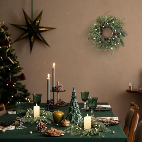 Farmhouse 12PCS Christmas Candle Ring Wreath Mini Pine Garland Frosted Cedar Pine Cones