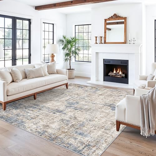 7x7 Square Washable Area Rug - Non-Slip Indoor Carpet for Living Room Bedroom Dining, Low Pile, Stain-Resistant, Modern Abstract, Blue Brown