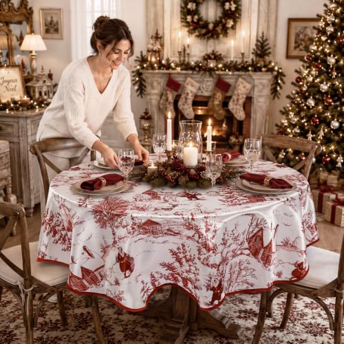 Tegeme 60'' Christmas Toile De Jouy Round Tablecloth Burgundy with Scalloped Edge - 60x60 Inch