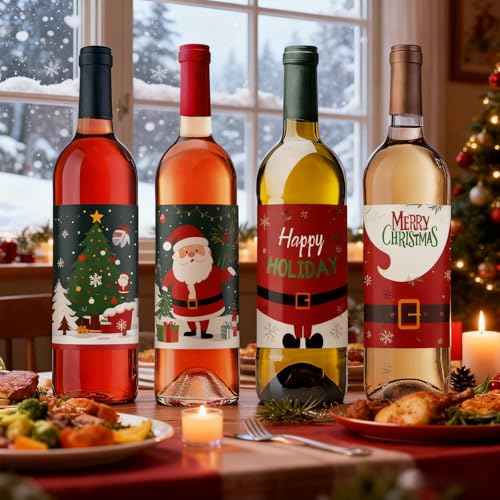 12 Pieces Christmas Wine Label Bottle Stickers Xmas Wine Bottle Cover Gift Set for Christmas Party Holiday Decor Supplies, 6 Styles (Santa Claus Style)