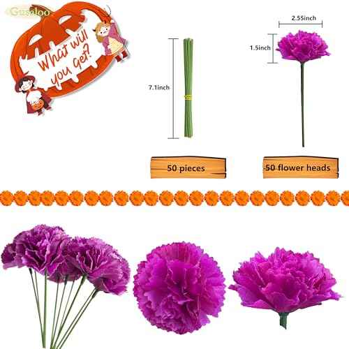 Marigold Flower Heads Bulk 50Pcs, Faux Mexican Marigold Artificial Flowers for Diwali Home Decor DIY Wreath Garland Craft Wedding Mexican Party Day of The Dead Decoration Halloween Decor(Purple)
