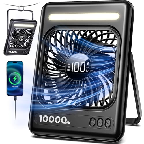 Portable Travel Fan with 10000mAh Power Bank and LED Lantern - Black