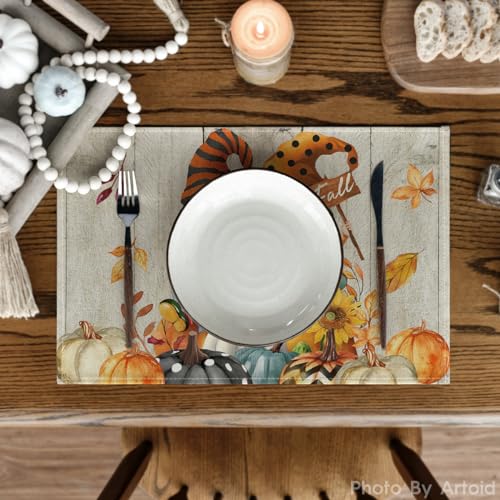 Artoid Mode Wood Gnomes Pumpkins Fall Placemats Set of 4, 12x18 Inch Seasonal Thanksgiving Table Mats for Party Kitchen Dining Decoration