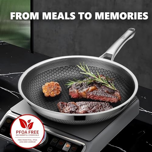 OATOFP Non-Stick 11.4-Inch Frying Pan with Lid - Stainless Steel Skillet, Dishwasher & Oven Safe