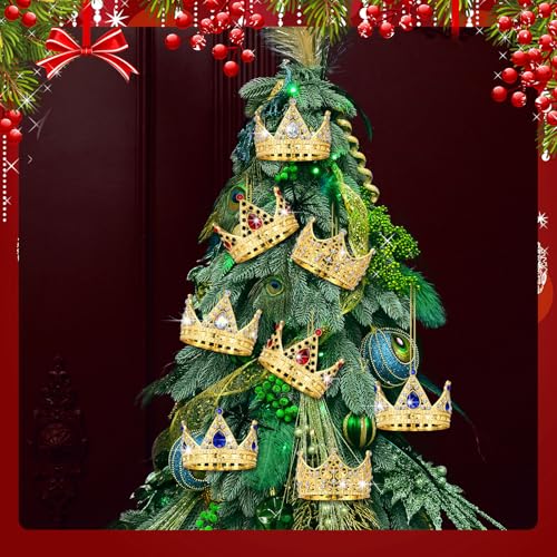 8pcs Gold Crown Christmas Ornaments Set - Metal Crystal Holiday Decorations