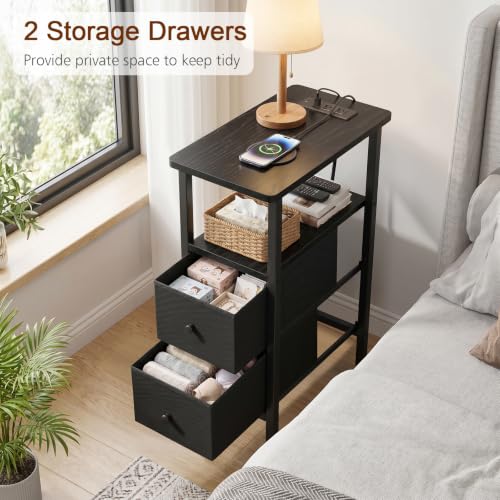 LOAKEKEL Narrow End Table with Charging Station - Small Nightstand, Black, 23.22"H with 2 Drawers & Power Ports