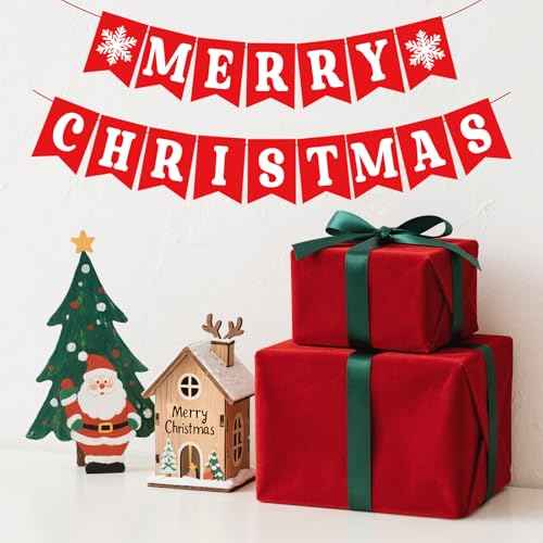 Merry Christmas Banners for Inside, Pre-Strung Fireplace Xmas Decorations, Xmas Wall Banner with Snowflake, Christmas Bunting Banner for Winter New Year Party Mantle Hanging Sign Supplies