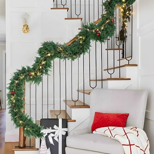 Hananona 9 ft Christmas Cedar Garland, 2 Pcs Real-Touch Green