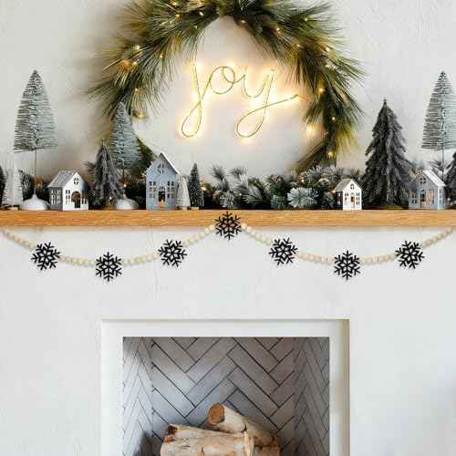 DAZONGE Christmas Decorations, Felt Snowflake Garland and Wood Beads for Farmhouse Christmas Banner Decor, Wall, Shelf, and Holiday Decorations