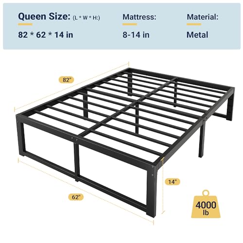 Allewie 14 Inch Queen Metal Bed Frame - Heavy Duty Support Black, Includes Headboard Mount Variation