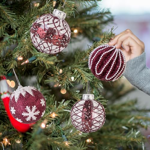 Burgundy Christmas Ornaments Set 12 pcs 3.15-inch Glitter Holiday Hanging Balls