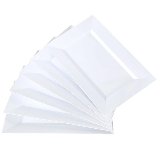 Mwellewm 12 Pcs White Plastic Serving Trays, 14''x9'' Rectangle Dessert Trays for Dessert Table, Party Food Display Set Disposable Platters Cookie Cupcake Gold Serving Tray for Birthday Party Wedding