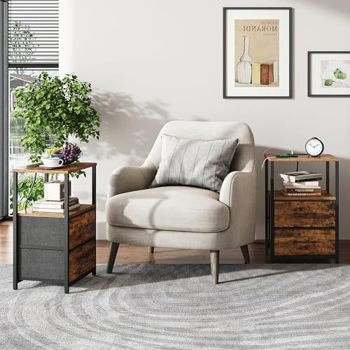 Set of 2 Nightstands with Charging Station Brown - End Tables with USB & AC Outlets