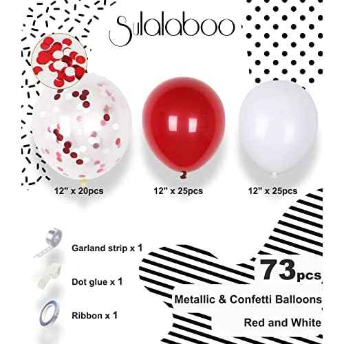 Metallic Red and White Balloons 12Inch 73PCS White Red Confetti Latex Balloons Shiny Helium Balloon Set for Birthday Anniversary Graduation Party Decorations