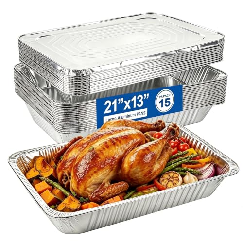 Full Size Aluminum Steam Table Pans with Lids 15 Pack - Heavy Duty Catering Trays