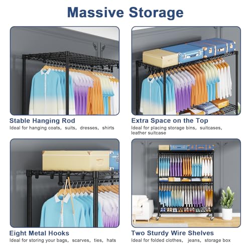 Heavy Duty Clothes Rack with Lockable Wheels - Black, 51.2W x 15.8D x 80.5H, 700LBS Capacity, Portable Garment Organizer, P8 Max Variation