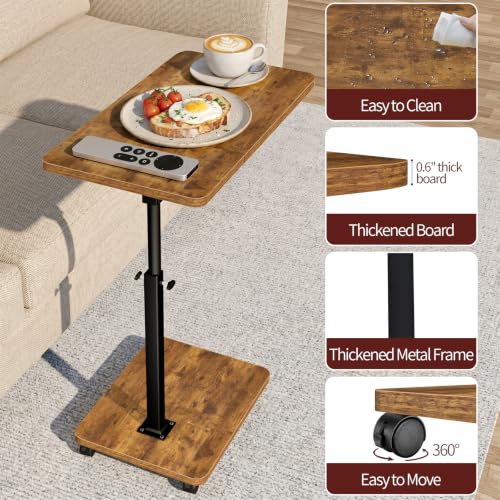 Adjustable Height End Table with Wheels & Tilting Panel - 11.8x22.8 inch, Mobile Couch Side Table