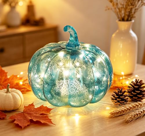 Mercury Glass Pumpkin Lights with Timer - Fall Halloween Thanksgiving Decor