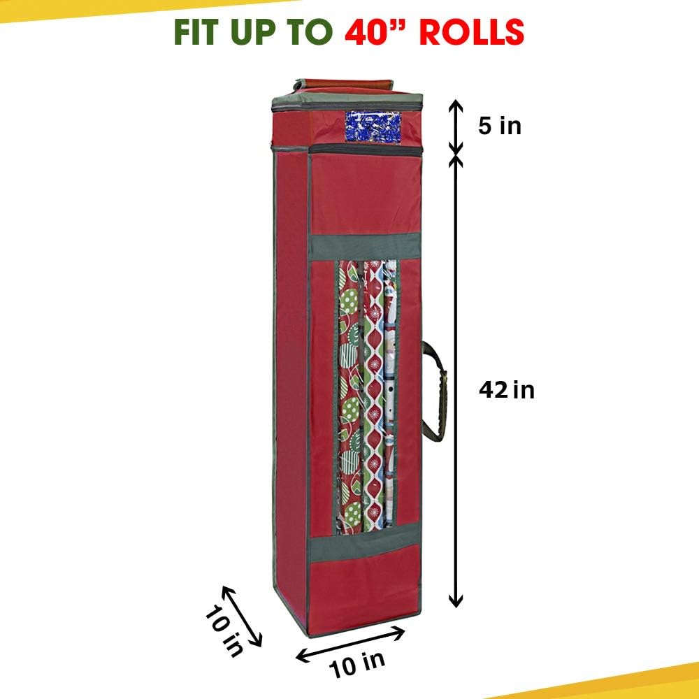 ProPik Wrapping Paper Storage Bag - Heavy Duty with Clear Window & Pocket | Fits 40-Inch Rolls (Red, 47 x 10 x 10 Inch)