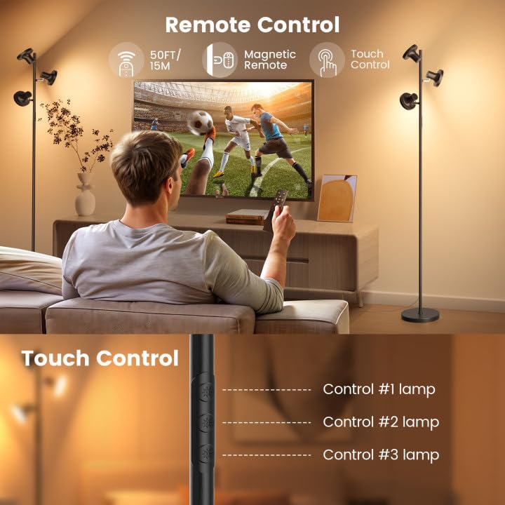 SIBRILLE Black 36W LED Tree Floor Lamp with Remote & Touch Control, Dimmable Modern Standing Light for Living Room & Bedroom
