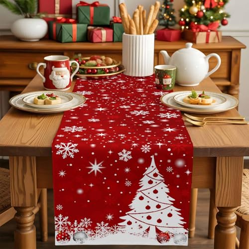 Ldtrchee 13 x 36 in Red Christmas Table Runner - Cotton Linen Snowflake Tree, Winter Holiday Decor