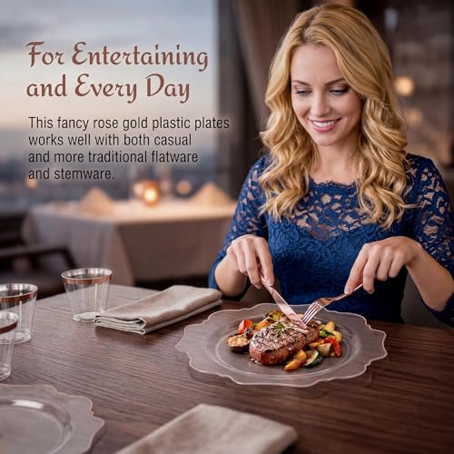 350Pcs Rose Gold Disposable Plates Set for Parties - Clear Plastic Dinnerware, 50 Guests