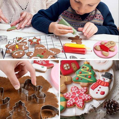 Christmas Cookie Cutter Set 6 Pieces - Christmas Tree, Gingerbread Man, Snowman, Snowflake, Candy Cane, Santa Face Shapes for Holiday Food Party Decorations and Baking