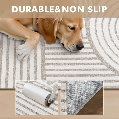 Beige 6x9 Area Rug with Textured High-Low Tufted Design - Modern Geometric, Washable, Non-Slip Backing