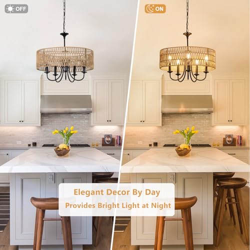 Black Farmhouse Chandelier Light Fixture - 5-Lights Rattan Pendant for Dining Room & Living Room