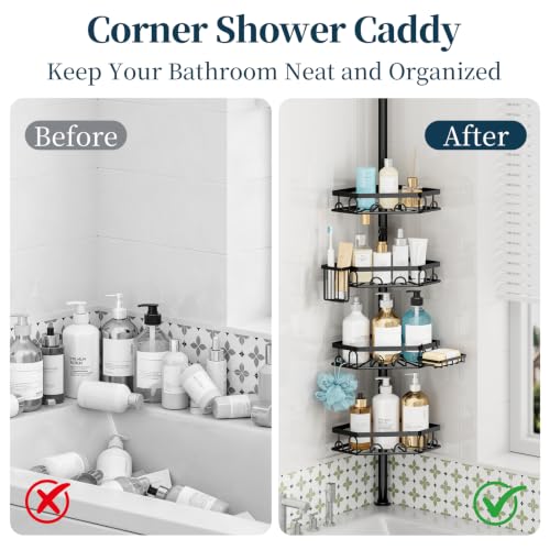 Consumest Black Tension Pole Shower Caddy - 4 Tier Corner Shelves with Brush & Soap Holder, Rustproof Stainless Steel, Adjustable 27.6-108.3 Inches