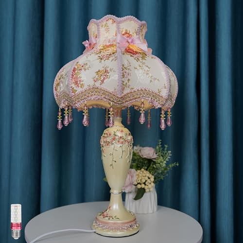 Pink Fabric Shade Table Lamp with Antique Flower Decor - Handmade Night Light for Bedroom