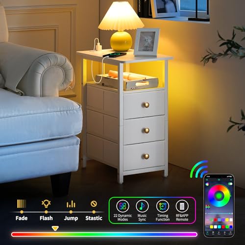 Yoobure White End Table with Charging Station & 3 Fabric Drawers - Slim Nightstand for Small Spaces