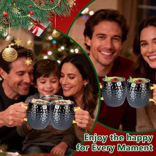 UNISWEET 4 Pack Moscow Mule Mugs – Hammered Copper Exterior, 304 Stainless Steel Lining, Black Handle (16.91 oz each)