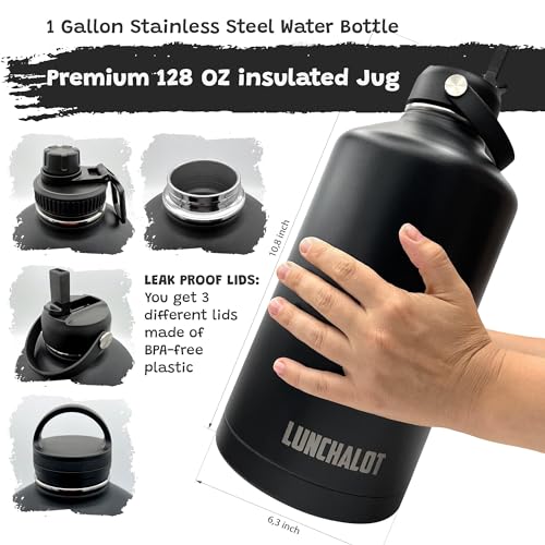 LUNCHALOT 128 Oz Black Stainless Steel Insulated Water Bottle - Gallon Jug