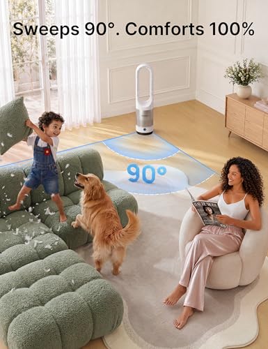Senmeo 22-Inch Bladeless Tower Fan with Remote Control, 8 Speeds, 9-Hour Timer - White + Silver