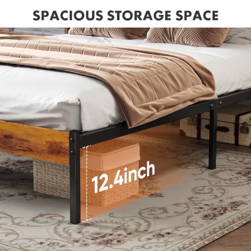 Brown Full Size Platform Bed Frame with Wooden Headboard - Heavy Duty Metal Slats