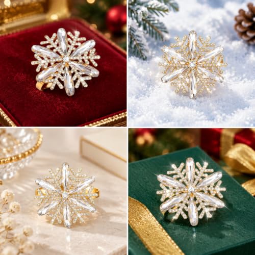 Remerry 36 Pcs Christmas Snowflake Napkin Rings Gold Rhinestone Holders - 4.3 cm