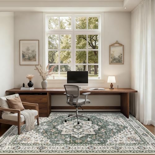 ExpediX Green Ivory 5' x 7' Washable Area Rug for Living Room & Bedroom