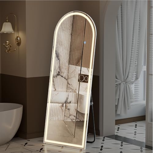 Arched LED Full Length Mirror - 71 x 26 Inches, White Stand, Dimmable Lighting
