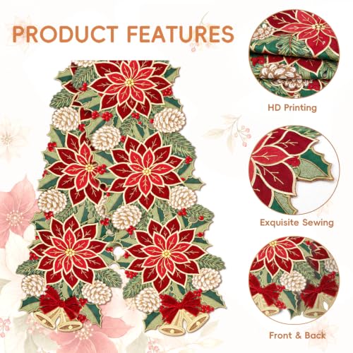 Christmas Tree Table Runner 14x108 in Red Green Winter Linen with Embroidery