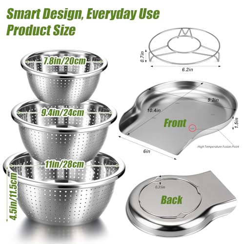3 Sizes Stainless Steel Colander Set with Self-Draining Base Plate - Food Strainers for Pasta, Rice, Fruits & Veggies