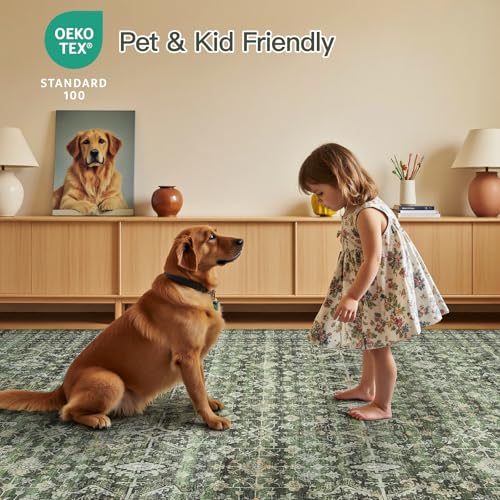 Green 8x10 Area Rug - Washable Non-Slip Vintage Floral Carpet for Living Room